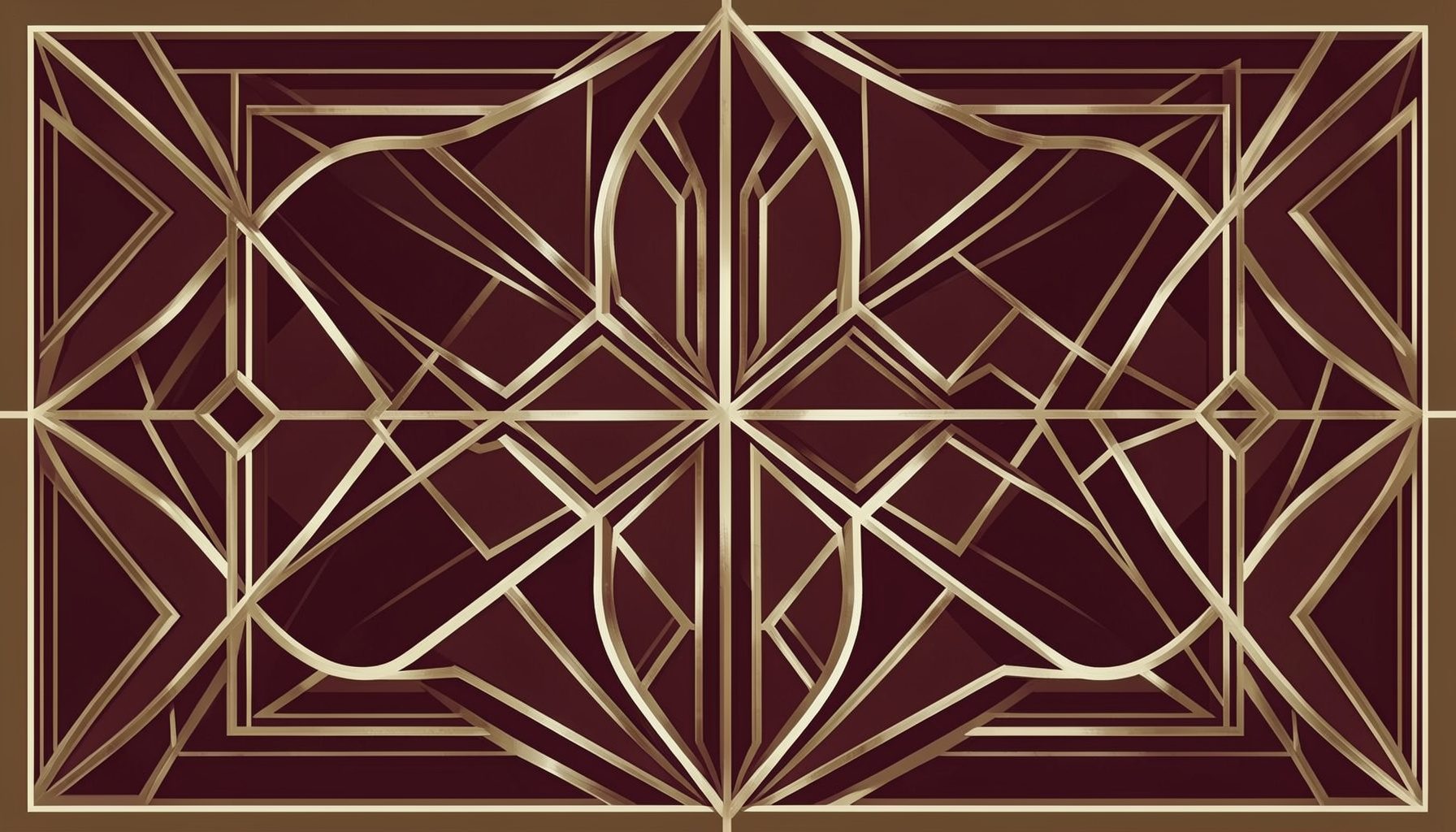 Art-deco geometric composition with symmetrical motifs in warm tobacco browns, deep burgundy, and cream tones, evoking refined craftsmanship.