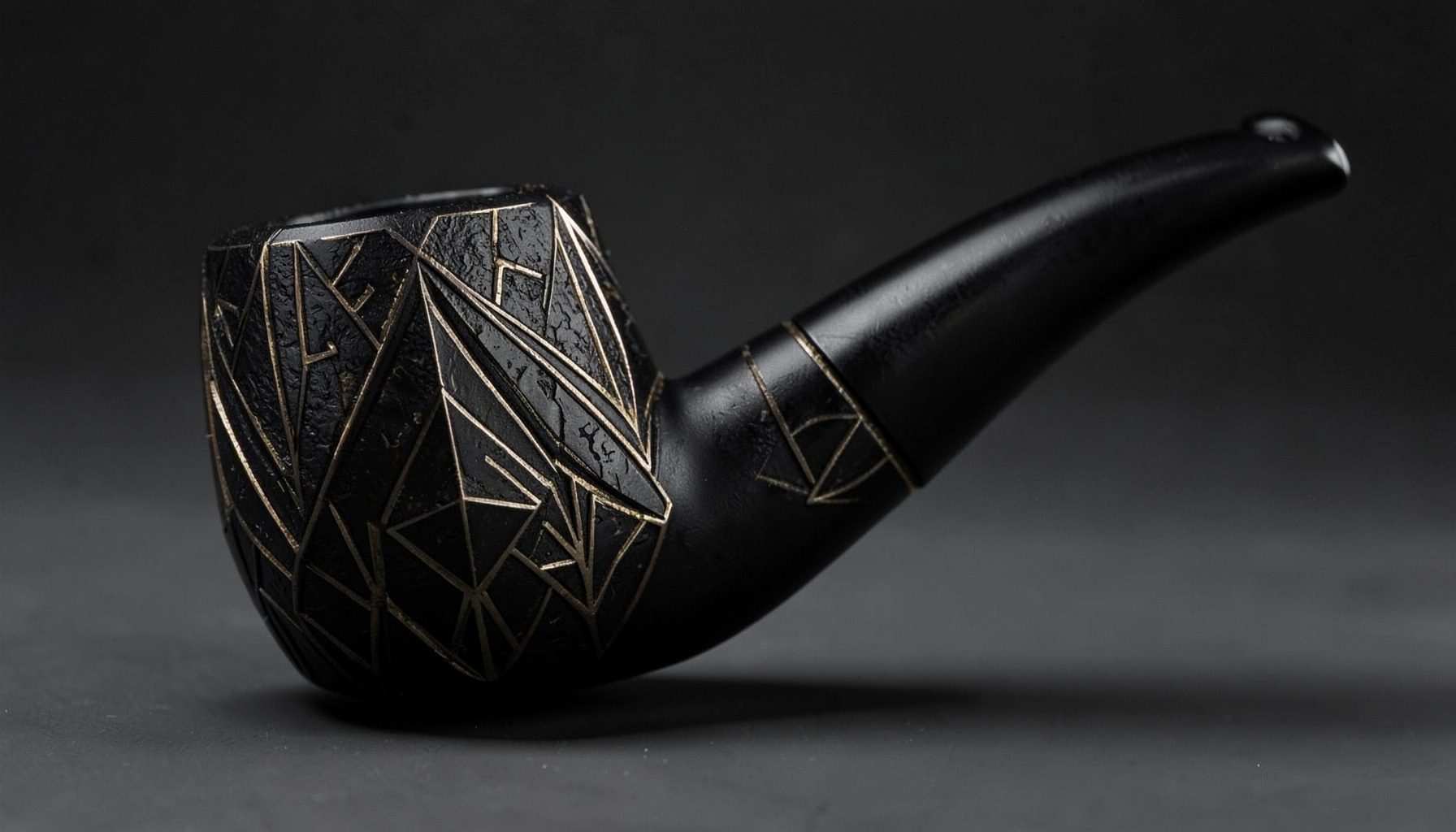Boldly shaped briar pipe with a wide bowl and dark matte finish, dramatic side lighting emphasizing texture
